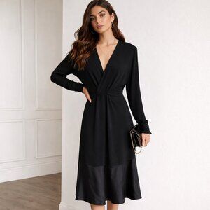 Derek Lam New York - Black V-neck Elastic Waist Midi Dress w/ Satin Hem, 16